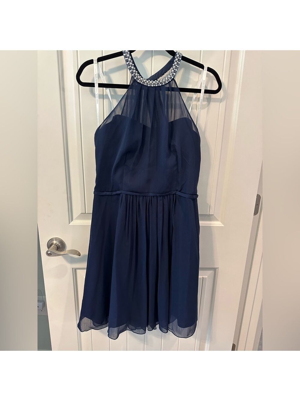 David’s Bridal Navy Blue Chiffon sleeveless dress with Pearl choker Size 12